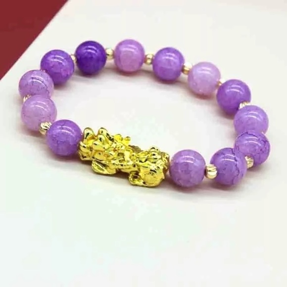 Purple Glass Beads Wealth Bracelet with Pixiu Pendent - Picture 1 of 6